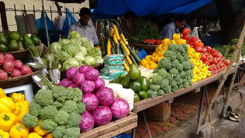 मुंबई की सब्ज़ी मंडी में बिक्री के लिए सजी सब्ज़ियाँ