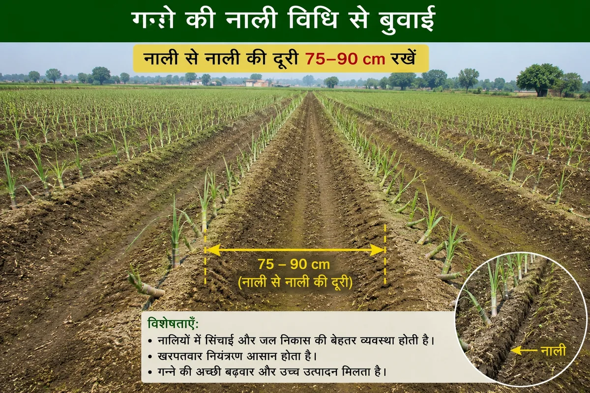 गन्ने की नाली विधि से बुवाई का सही तरीका — नाली की दूरी 75-90 सेमी
