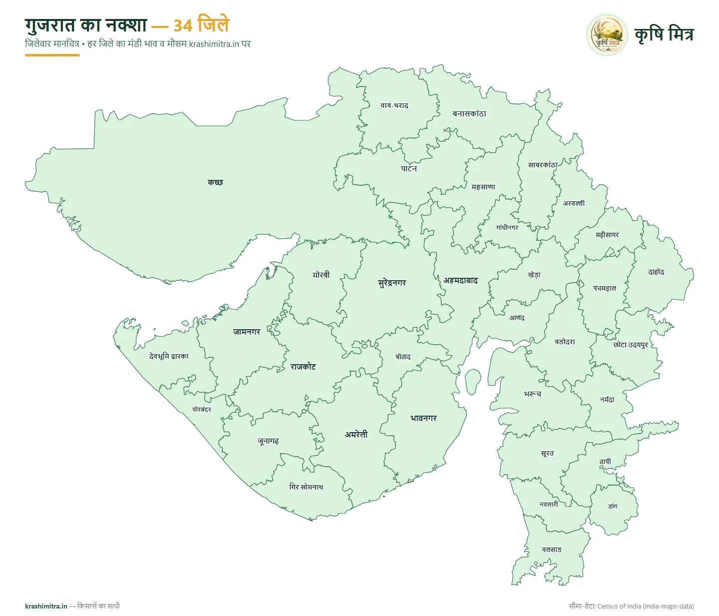 गुजरात का नक्शा — बोताद समेत सभी 34 जिलों का हिंदी जिलेवार मानचित्र
