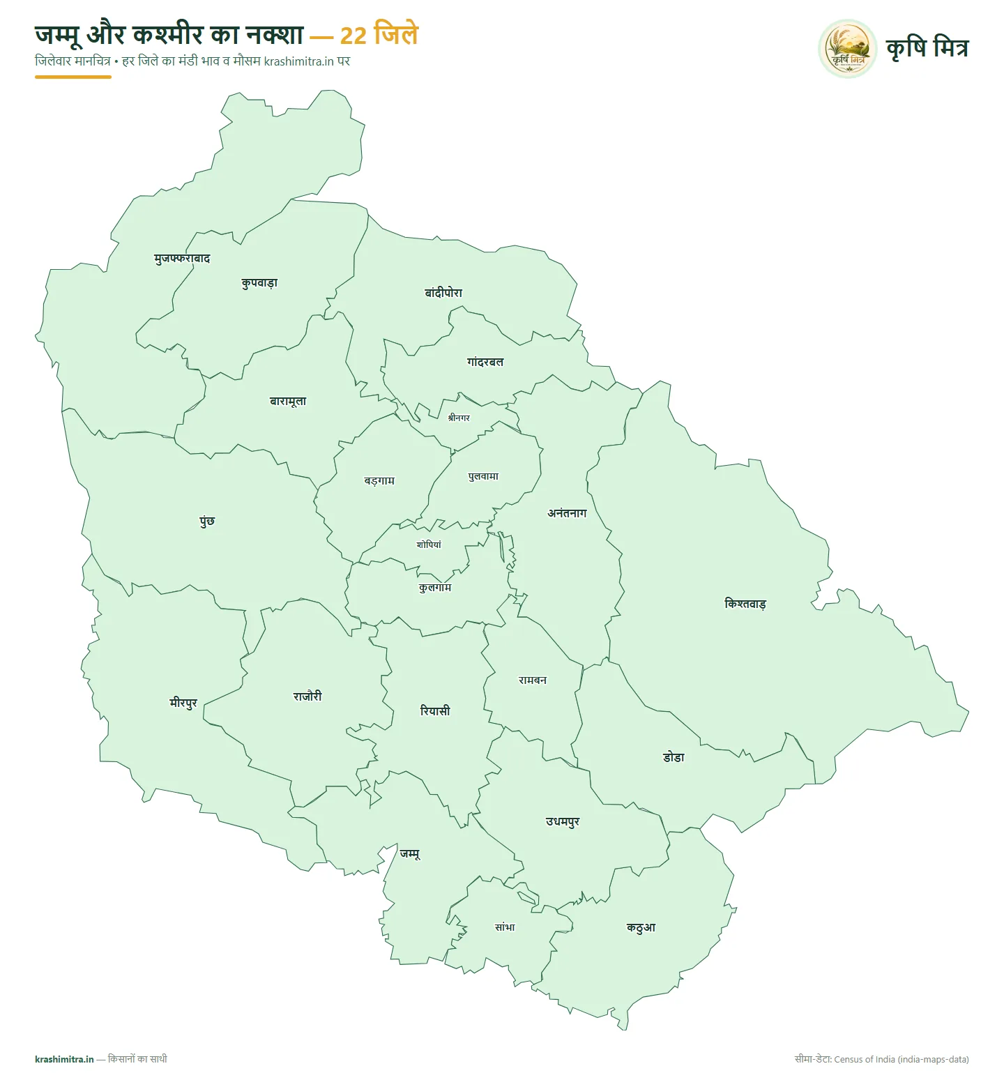 जम्मू और कश्मीर का नक्शा — अनंतनाग समेत सभी 22 जिलों का हिंदी जिलेवार मानचित्र